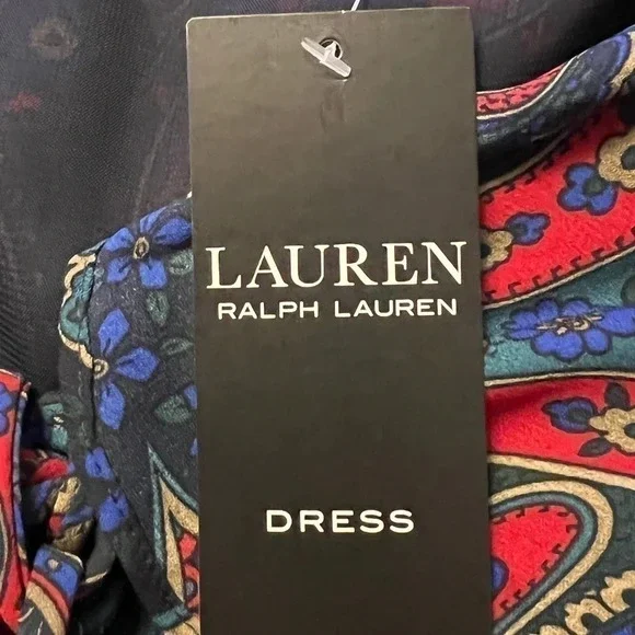 NWT Lauren Ralph Lauren Paisley Georgette Long Sleeve Dress Navy Multi Size 4 - Picture 8 of 10